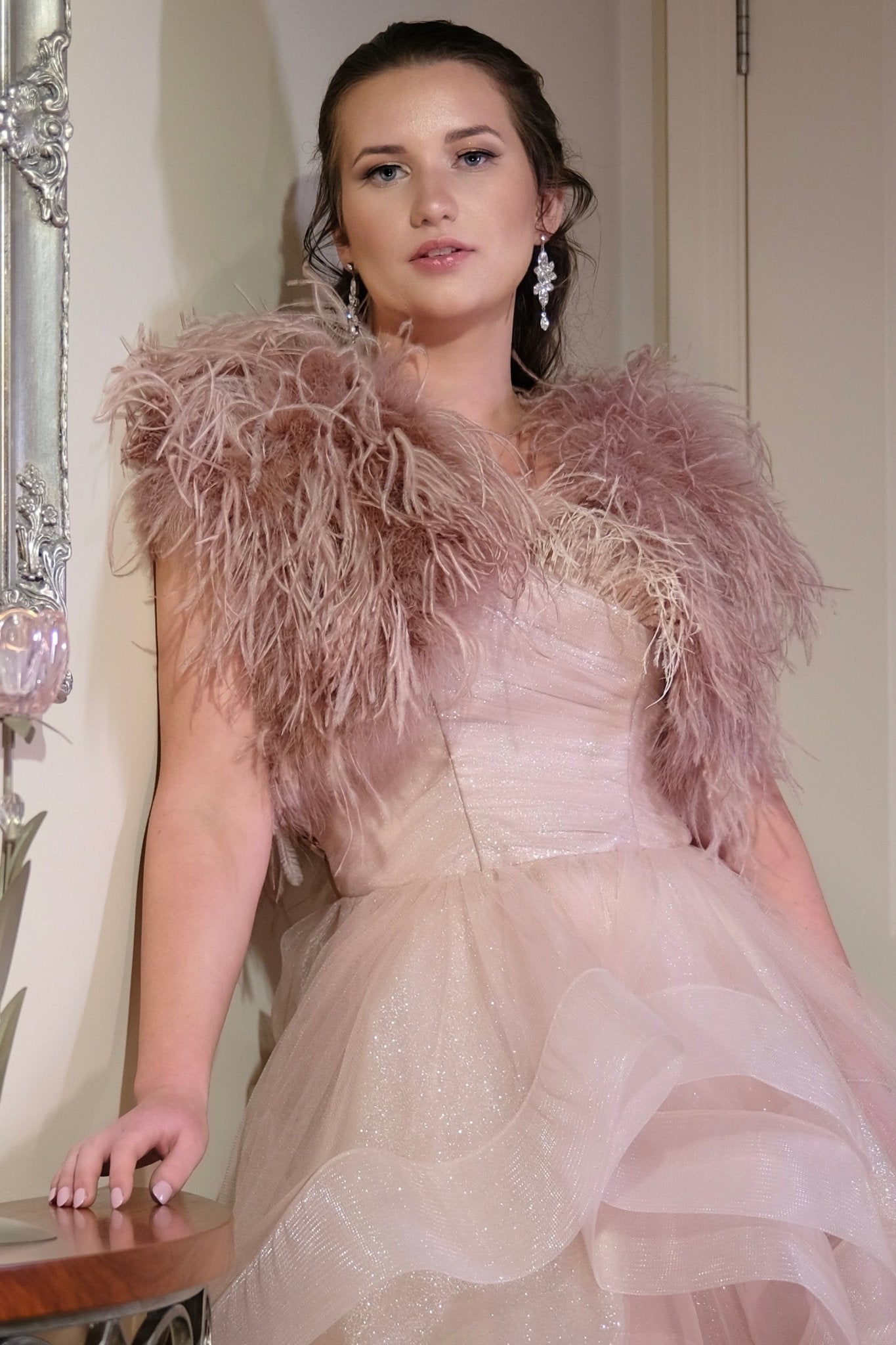 French Pink Ostrich Feather Bolero -Bridal Bolero - Accessories -Bolero -coverups- Melanie Jayne